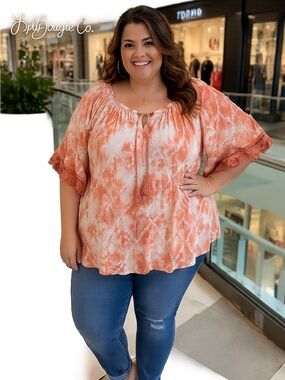 Maurices Coral Tie-Dye Peasant Top with Lace Trim